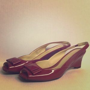 Red wedge peep toe shoes